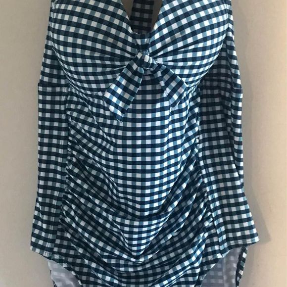 New With Tags Merona Blue Navy Teal White Checkered Swimsuit Bathing Suit XL - Picture 1 of 7